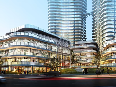 Sleek Contemporary Commercial Complex With Glass Facade High Rise Towers And Urban Pedestrian Area 3d model