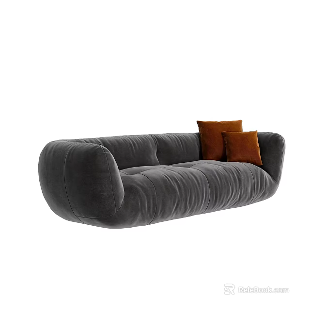Modern Gray Velvet Sectional Sofa With Orange Cushions And Rounded Design 3d model