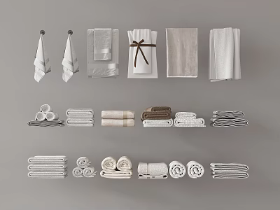 Soft Cotton Towels in White and Beige Hanging and Folded Neatly 3d model