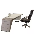 Modern Office Desk With Black Leather Office Chair White Drawer Cabinet And Laptop On Top