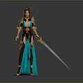 Fantasy Woman In Blue And Gold Armor Holding Long Sword In Elegant Pose