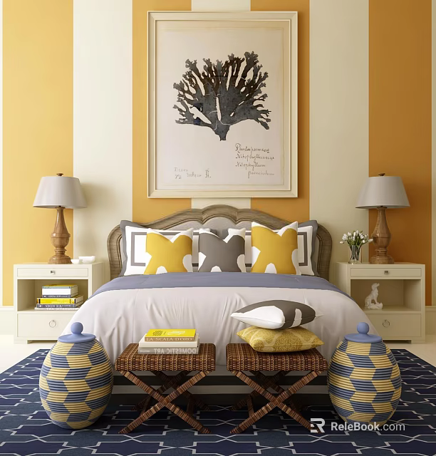 Cozy Bedroom Interior Featuring Background Double Bed Yellow Gray Pillows And Table Lamps On Nightstands 3d model 