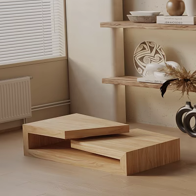 Modern Minimalist Wooden Sofa Coffee Table Set With Layered Design And Decorative Shelves 3d model