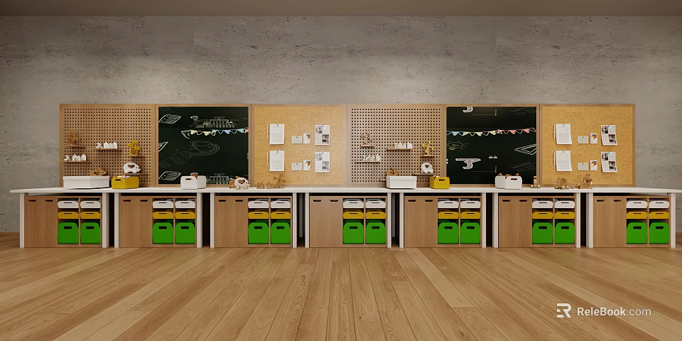 Modern Classroom With Wooden Flooring Blackboard Bulletin Boards With Papers And Green Drawer Lockers 3d model 