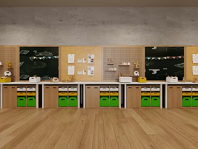 Modern Classroom With Wooden Flooring Blackboard Bulletin Boards With Papers And Green Drawer Lockers 3d model