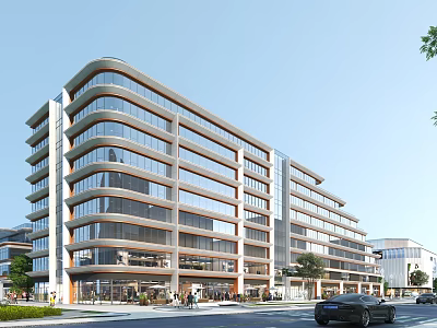 Busy Modern Commercial Street With Multi Storey Glass Buildings Shops Pedestrians And Trees 3d model