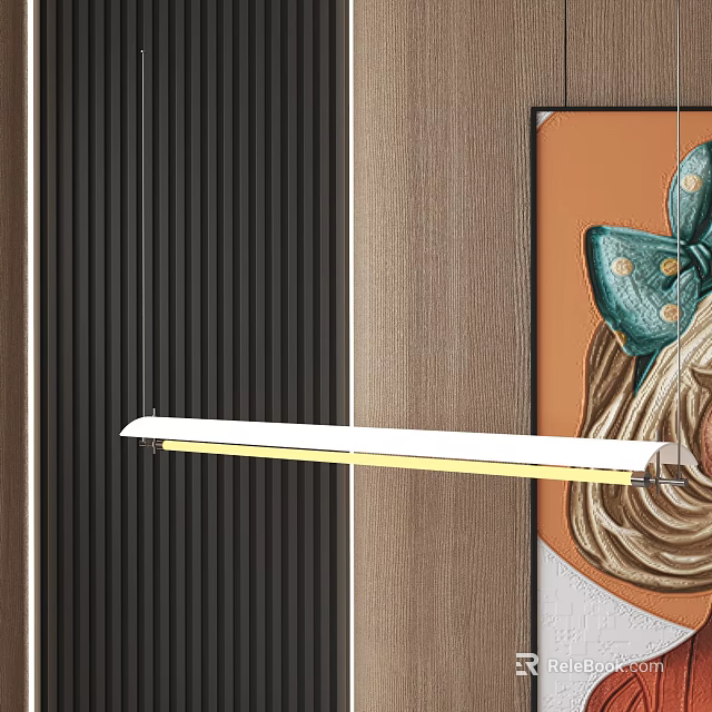 Modern Linear Pendant Light in Contemporary Interior With Wooden Wall And Bow Artwork 3d model 
