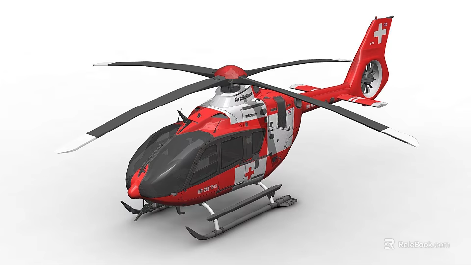 Red Rescue Helicopter Featuring White Cross Symbol On Black Rotors And Red Fuselage 3d model 