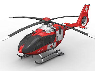 Red Rescue Helicopter Featuring White Cross Symbol On Black Rotors And Red Fuselage 3d model
