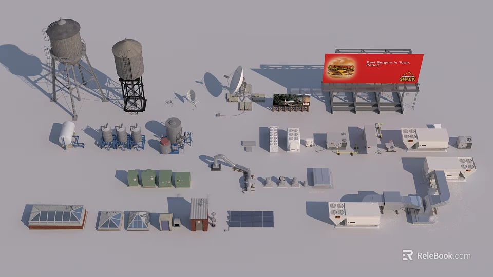 Essential Architectural Building Components Featuring Water Towers Satellite Dishes Solar Panels And Billboards 3d model 