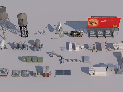 Essential Architectural Building Components Featuring Water Towers Satellite Dishes Solar Panels And Billboards 3d model