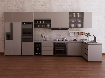 Modern Kitchen Cabinets In Gray With Island Counter Appliances And Wood Flooring 3d model