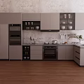 Modern Kitchen Cabinets In Gray With Island Counter Appliances And Wood Flooring
