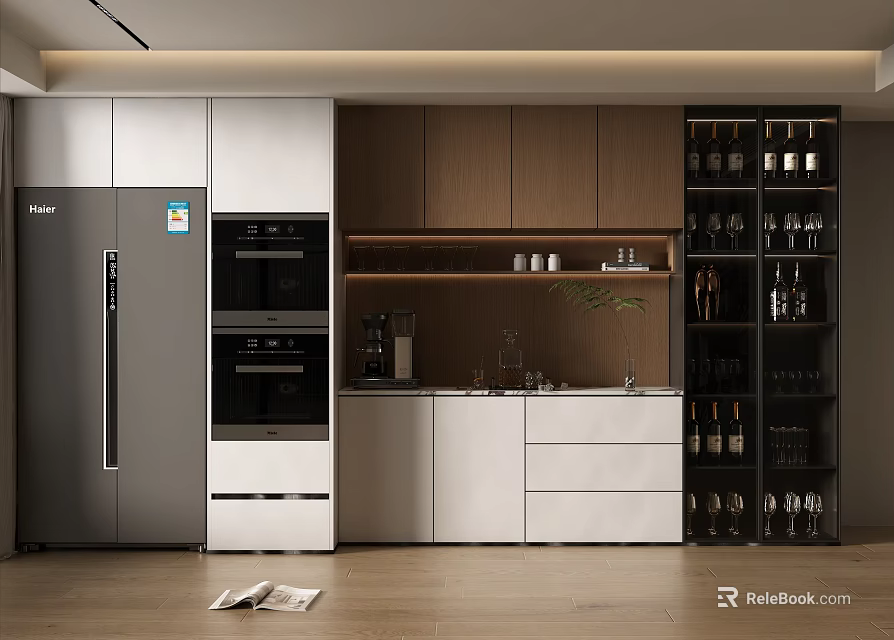 Modern Kitchen Wine Cabinet With Glass Doors And Wooden Storage For Bottles 3d model 