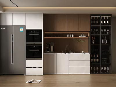 Modern Kitchen Wine Cabinet With Glass Doors And Wooden Storage For Bottles 3d model