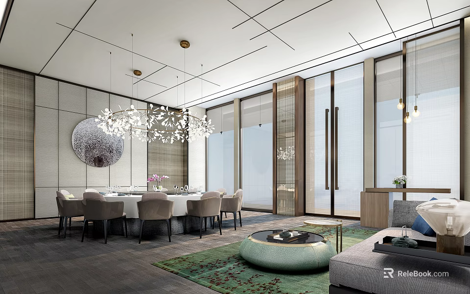 Elegant Private Dining Box Interior With Round Table Chairs Chandelier And Large Windows 3d model