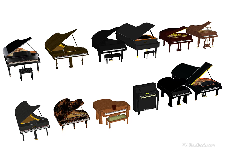 Different Types of Acoustic Pianos Featuring Various Colors and Classic Designs 3d model 