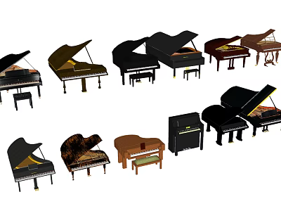 Different Types of Acoustic Pianos Featuring Various Colors and Classic Designs 3d model