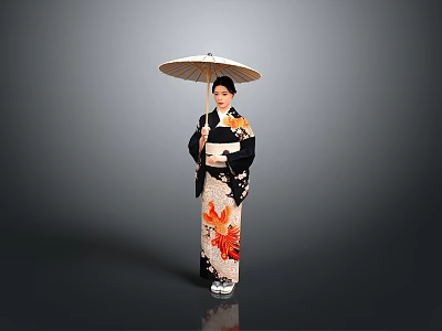 Elegant Woman In Traditional Japanese Kimono With Bamboo Umbrella And Gray Backdrop 3d model