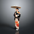 Elegant Woman In Traditional Japanese Kimono With Bamboo Umbrella And Gray Backdrop