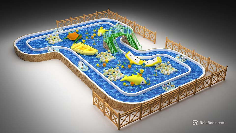 Wooden Boat In Playful Water Pool With Yellow Boats Green Bridge Fence And Colorful Balls 3d model 