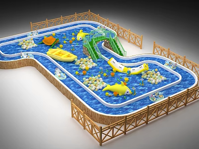 Wooden Boat In Playful Water Pool With Yellow Boats Green Bridge Fence And Colorful Balls 3d model