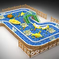 Wooden Boat In Playful Water Pool With Yellow Boats Green Bridge Fence And Colorful Balls