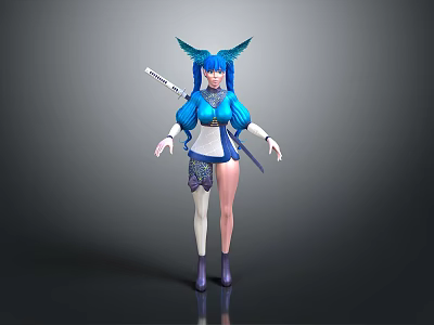 3D Female Character With Blue Hair Wings White Top Blue Skirt Weapon And Boots 3d model