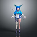 3D Female Character With Blue Hair Wings White Top Blue Skirt Weapon And Boots