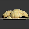 Three Golden Steamed Buns On Bamboo Plate With Leaf Pattern 3d model