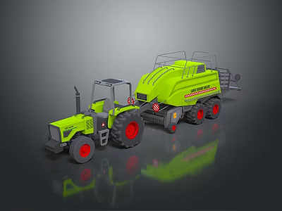Green Tractor With Attached Trailer And Red Wheels On Reflective Surface 3d model
