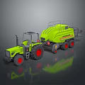 Green Tractor With Attached Trailer And Red Wheels On Reflective Surface 3d model