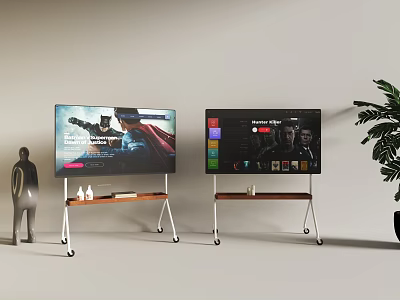 Two Televisions On Wooden TV Stands With Wheels And Screen Displays In Living Room Interior 3d model