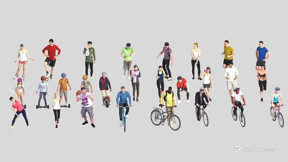 Group of People in Various Poses and Activities Including Cycling and Standing 3d model 