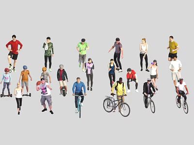Group of People in Various Poses and Activities Including Cycling and Standing 3d model