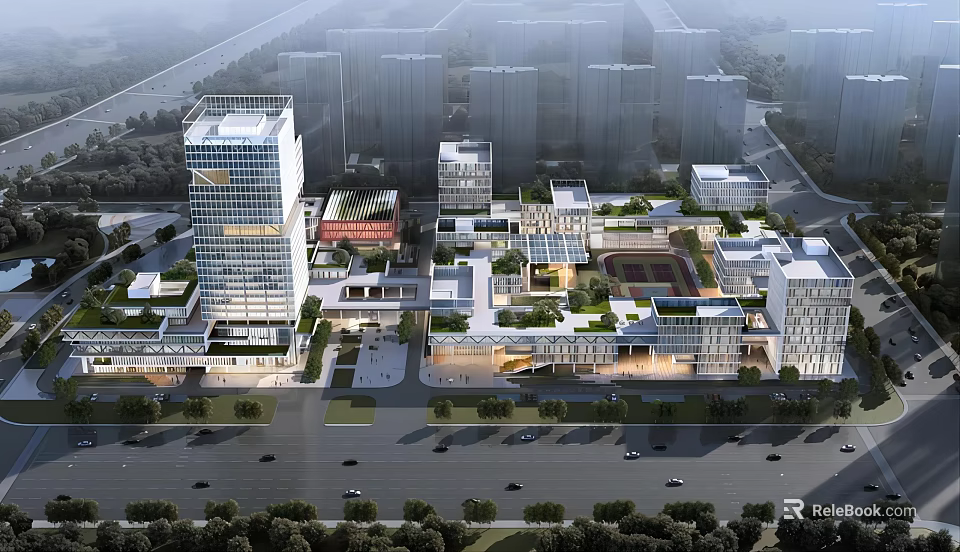 Modern Office Building Complex With Urban Greenery Roads And Multiple Buildings 3d model 