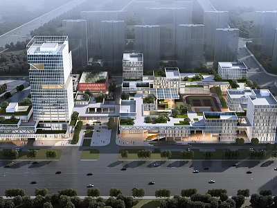 Modern Office Building Complex With Urban Greenery Roads And Multiple Buildings 3d model