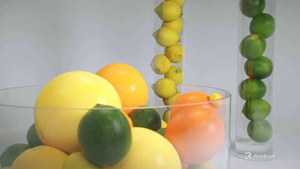 Fresh Mixed Citrus Fruits in Glass Bowl with Lemons Limes and Oranges Stacked in Columns 3d model 