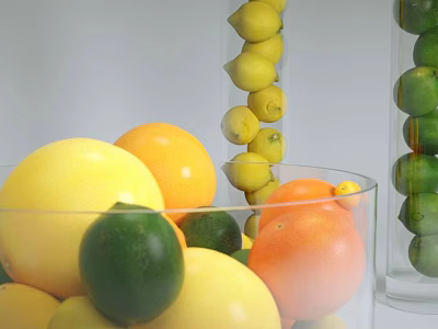 Fresh Mixed Citrus Fruits in Glass Bowl with Lemons Limes and Oranges Stacked in Columns 3d model