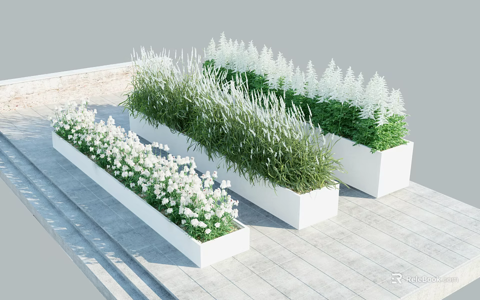 White Rectangular Planters With Various Flowers And Grasses On Gray Stone Slab Floor 3d model