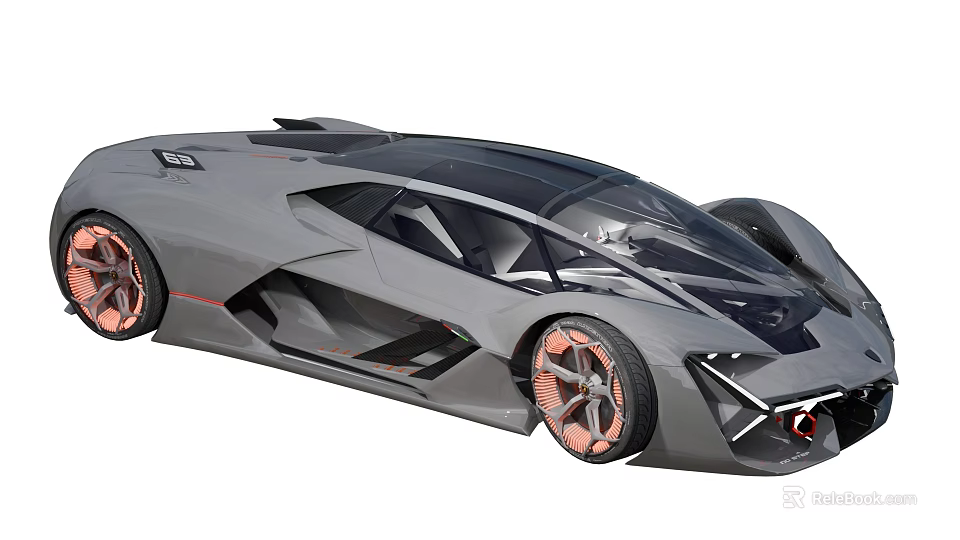 Futuristic Gray Supercar With Sleek Aerodynamic Design And Orange Sporty Wheels 3d model 
