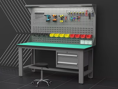 Practical Workshop Workbench Setup With Tool Pegboard Various Tools Colorful Storage Bins Drawer And Stool 3d model