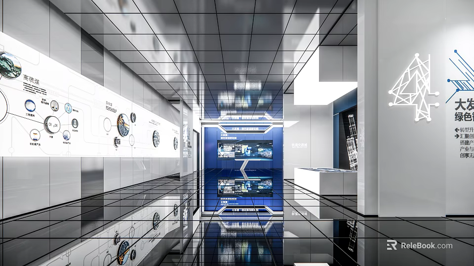 Modern Exhibition Hall Interior With Digital Screens Infographics And Reflective Floors 3d model 