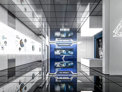 Modern Exhibition Hall Interior With Digital Screens Infographics And Reflective Floors 3d model