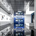 Modern Exhibition Hall Interior With Digital Screens Infographics And Reflective Floors