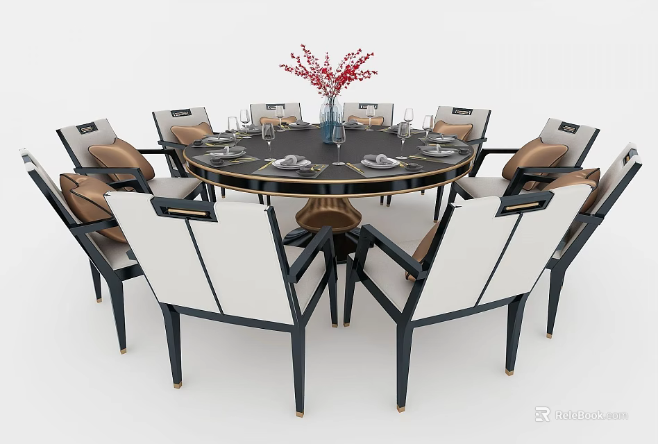 Modern Round Dining Table with White Black Chairs Tableware and Flower Arrangement 3d model