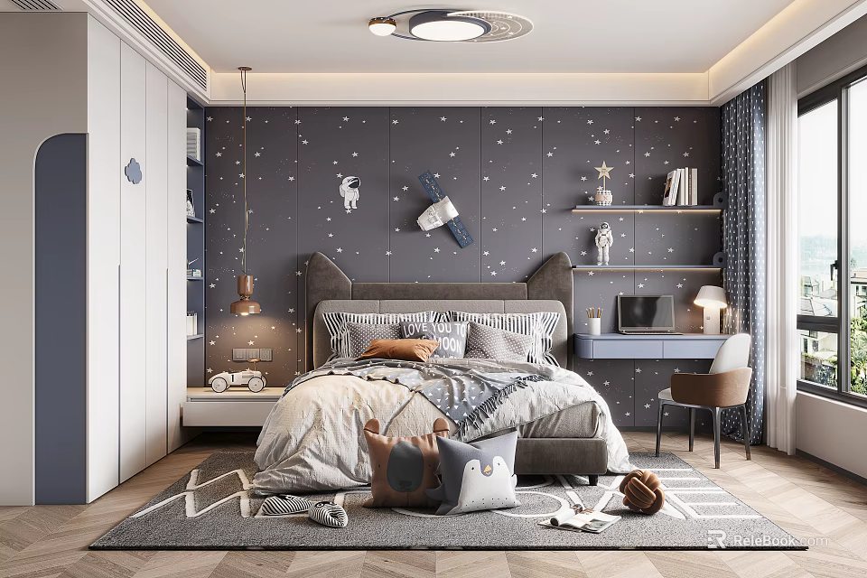 Starry Kids Bedroom Interior With Comfortable Bed Bookshelf And Soft Rug 3d model 