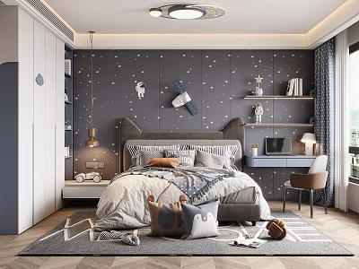 Starry Kids Bedroom Interior With Comfortable Bed Bookshelf And Soft Rug 3d model