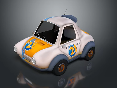 Kids Playful Toy Car With White Yellow Body Blue Decorations Number 21 Small Antenna And Black Wheels 3d model