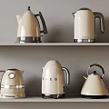 Stylish Beige Kettles Arranged On Gray Shelves With Modern Designs